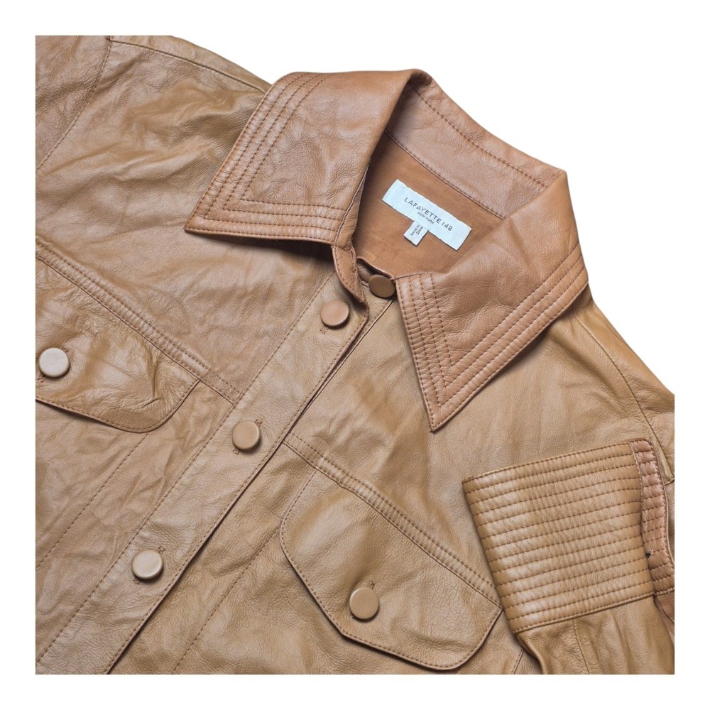 Lafayette 148 Women's XS Lambskin Leather Shirt Jacket Tan Button Front